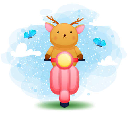 Cute doodle deer driving red scooter. Premium Vectorのイラスト素材