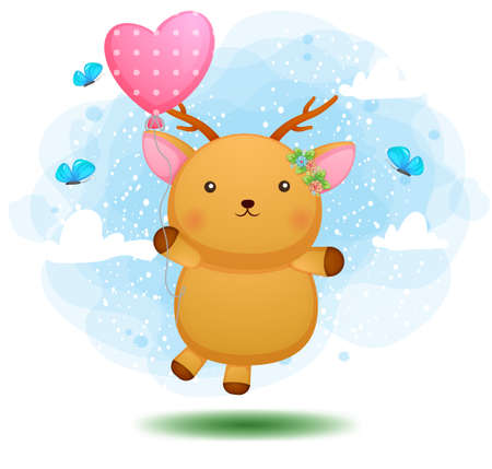 Cute doodle baby deer flying with pink balloon Premium Vectorのイラスト素材