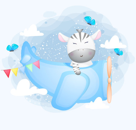 Cute doodle zebra flying with plane cartoon character Premium Vectorのイラスト素材