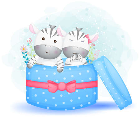 Cute doodle zebra couple inside the gift cartoon character Premium Vectorのイラスト素材