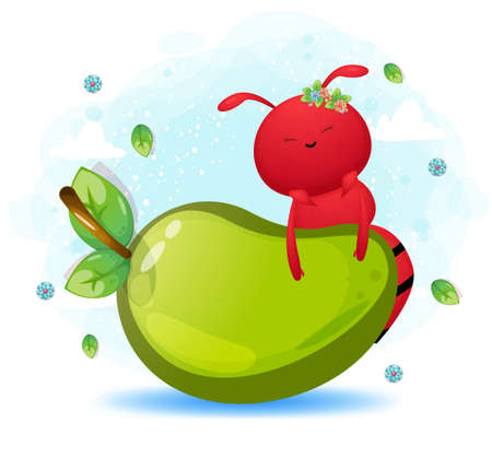 Cute ant behind a big mango cartoon character Premium Vectorのイラスト素材