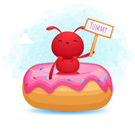 Cute doodle ant inside a donut and holding sign Premium Vectorのイラスト素材