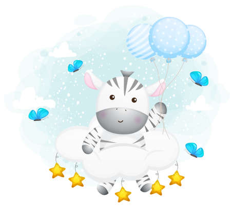 Cute zebra floating on the air with cloud Premium Vectorのイラスト素材