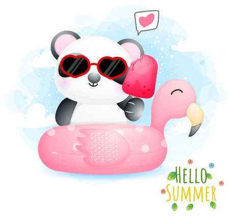 Cute doodle baby panda holding ice cream on a flamingo buoy. summer time cartoon character Premium Vectorのイラスト素材