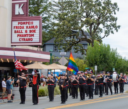San Francisco Gay and Lesbian Freedom band in front of the historic Lark Theatre in the Corte Madera Larkspur 4th of July Parade.のeditorial素材