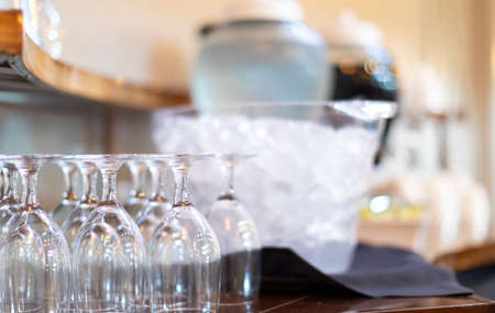 Empty wine glasses at banquetの写真素材