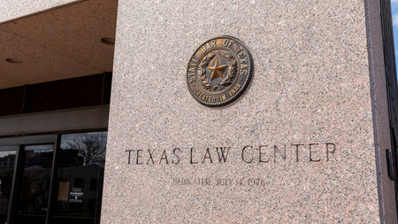Exterior shot of the Texas Law Center signのeditorial素材