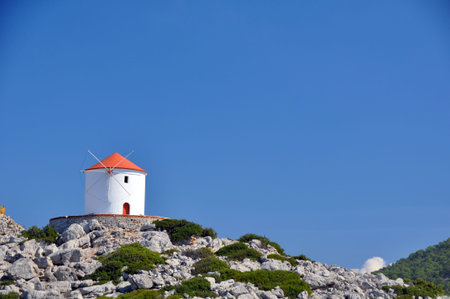 Traditional windmill, Panormitis Monastery, Symi, Rhodes, Greece 