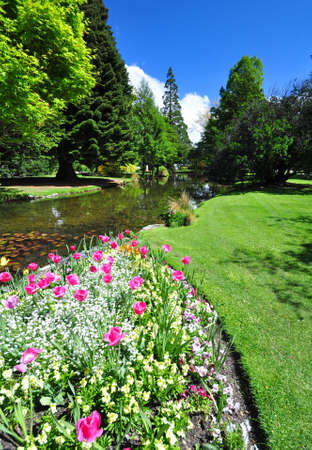 Flower bed in the English style botanical gardens at Queenstown, New Zealand の写真素材