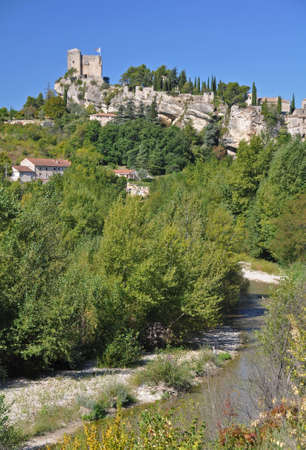 The castle at Vaison La Romain, in the Vancluse, Provence, France. The Ouveze River is in the foregroundのeditorial素材