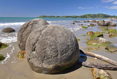 Moeraki Boulders are perfectly spherical rocks on the beach at Moeraki, near Oamaru. Up to 13 feet round Maori believe they were canoe food baskets.の写真素材