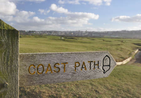 Southwest coast path sign on the burrows between Westward Ho and Northam, near Bideford in North Devonの写真素材