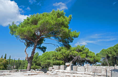 Ruins of Temple of Athena at Ialyssos monastery on the Greek island of Rhodes is built at the top of Mount Filerimosの写真素材