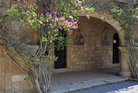 Cloisters and Medieval Frescoes at Ialyssos monastery on the Greek island of Rhodes is built at the top of Mount Filerimosの写真素材