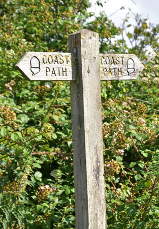 Coast path sign indication high and low tide footpath options, taken between Appledore and Northam in North Devon, England, on the southwest coast pathの写真素材