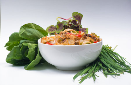 Chinese boiled noodles with a chicken and vegetablesの写真素材