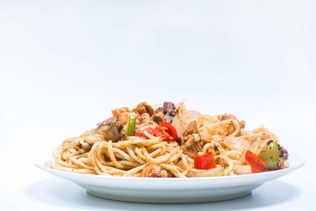 Chinese boiled noodles with a chicken and vegetablesの写真素材