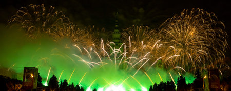 Moscow, Russia - September 25, 2016: Fireworks at the festival "Circle of Light" on the background of the Lomonosov Moscow State Universityのeditorial素材