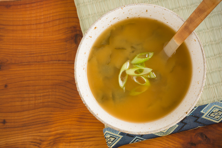 Japanese yellow awase or mixed miso soup top down viewの写真素材