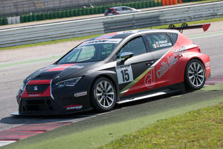 MISANO ADRIATICO, Rimini, ITALY - May 10:  A SEAT LEON EURO CUP driven By FOGLIO Piero (ITA) and  BONACINI Alessandro (ITA) , Dinamic,  the C.I.Turismo Endurance on May 10, 2014 in Misano Adriatico, Rimini, Italy.のeditorial素材