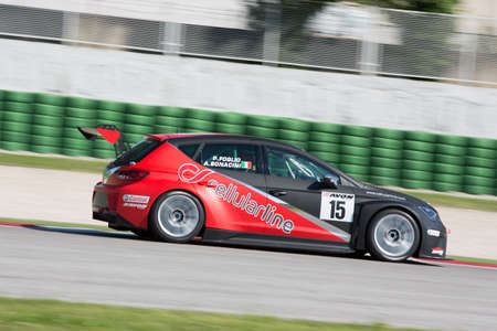MISANO ADRIATICO, Rimini, ITALY - May 10:  A SEAT LEON EURO CUP driven By FOGLIO Piero (ITA) and  BONACINI Alessandro (ITA) , Dinamic,  the C.I.Turismo Endurance on May 10, 2014 in Misano Adriatico, Rimini, Italy.のeditorial素材