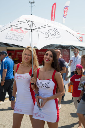MISANO ADRIATICO, ITALY - JUNE 22: A grid girl poses during the Superbike during the FIM Superbike World Championship - Race at Misano World Circuit on June 22, 2014 in Misano Adriatico, Italy. (Photo by Mauro Dalla Pozza)のeditorial素材