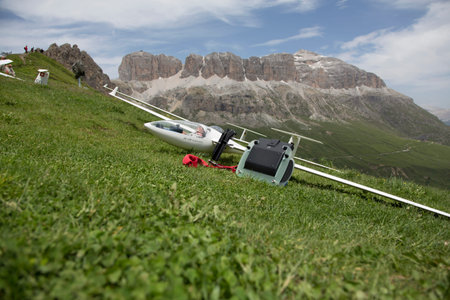 VAL DI FASSA â COL DEL CUC, ITALY - JULY 28: Radio controlled model airplane in a Euromeeting Fly, July 28, 2013 in Val Di Fassa, Pordoi, Col del Cuc, Italyのeditorial素材
