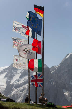 VAL DI FASSA â COL DEL CUC, ITALY - JULY 28: Radio controlled model airplane in a Euromeeting Fly, July 28, 2013 in Val Di Fassa, Pordoi, Col del Cuc, Italyのeditorial素材