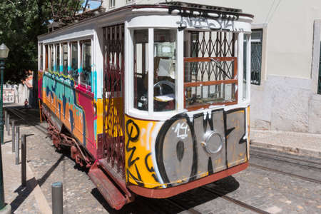 Lisbon, Portugal â August 10, 2014: Elevador da Gloria, the famous funicular connecting the Restauradores Square to the popular Bairro Alto Districtのeditorial素材