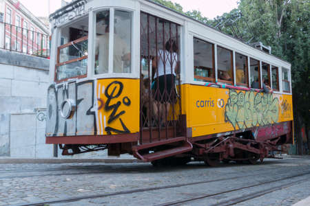 Lisbon, Portugal â August 7, 2014: Elevador da Gloria, the famous funicular connecting the Restauradores Square to the popular Bairro Alto Districtのeditorial素材