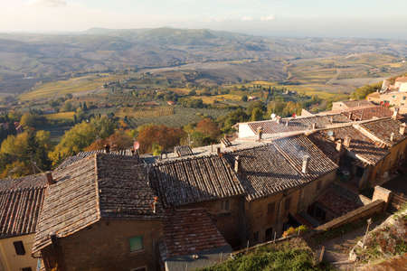 Tuscany landscape in the early morning fog, Italy, Europeの写真素材