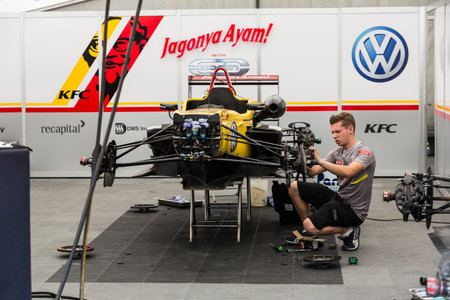 Imola, Italy - October 11, 2014: Dallara F312 Volkswagen of Jagonya Ayam with Carlin Team, driven by Tom Blomqvist (Gbr) in action During The FIA ??Formula 3 European Championship - Race in Imola at Enzo &amp; Dino Ferrari Circuitのeditorial素材