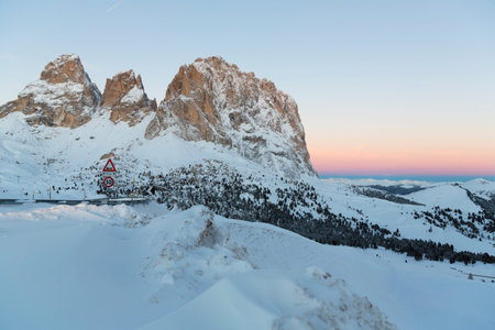 Face of mount Langkofel (Sassolungo) from Gardena mountain pass in the Dolomites of South Tyrol, Italy.の写真素材