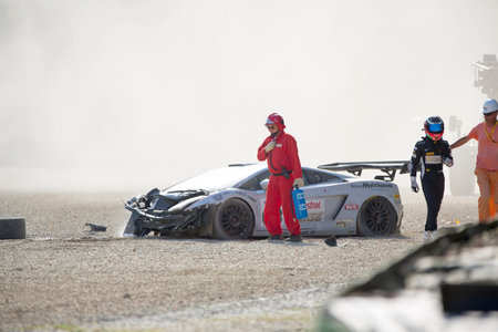 Imola, Italy - October 11, 2014: A Lamborghini Gallardo Gt3 of Imperiale Racing team, driven By Barri Giacomo and Bortolotti Mirko, the C.I. Gran Turismo car racing on October 11, 2014 in Imola, Italy.のeditorial素材