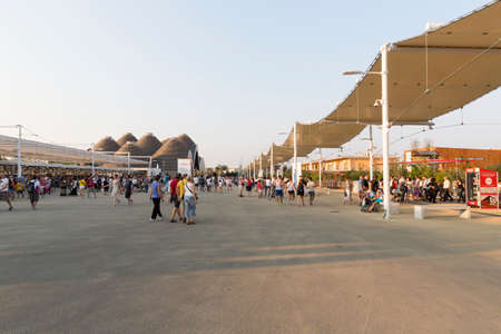 Milan, Italy -12 August 2015: view of the tensile roof covering the main walk at exhibition Expo 2015 Italy.のeditorial素材