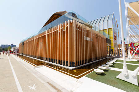 Milan, Italy, 12 August 2015: Detail of the Romania pavilion at the exhibition Expo 2015 Italy.のeditorial素材