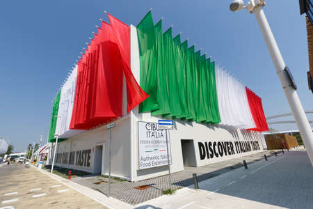 Milan, Italy, 12 August 2015: Detail of the Federalimentare pavilion at the exhibition Expo 2015 Italy.のeditorial素材