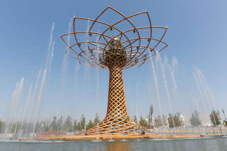 Milan, Italy, 12 August 2015: Detail the Tree of Life and the Lake Arena, at the exhibition Expo 2015 Italy.のeditorial素材
