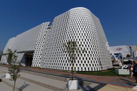 Milan, Italy, 12 August 2015: Detail of the Intesa San Paolo pavilion at the exhibition Expo 2015 Italy.のeditorial素材