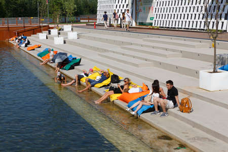 Milan, Italy, 12 August 2015: Detail of the Intesa San Paolo pavilion at the exhibition Expo 2015 Italy.のeditorial素材