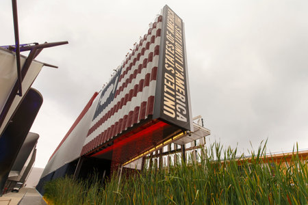 Milan, Italy, 13 September 2015: Detail of the United States of America pavilion at the exhibition Expo 2015 Italy.のeditorial素材