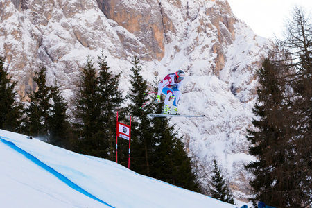 Val Gardena, Italy 19 December 2014. Feuz Beat  (Sui) competing in the Audi Fis Alpine Skiing World Cup Men's Downhill Race on the Saslong Course in the dolomite mountain range.のeditorial素材