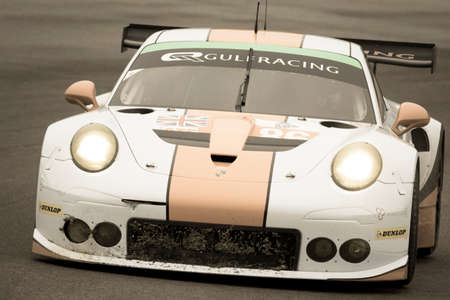 Imola, Italy May 16, 2015: Porsche 911 RSR of GULF RACING UK Team, driven by Michael Wainwright - Adam Carroll - Philip Keen in action During The European Le Mans Series - 4 Hours of Imola Autodromo Dino Ferrari Enzo on May 16, 2015 in Imola, Italy.のeditorial素材