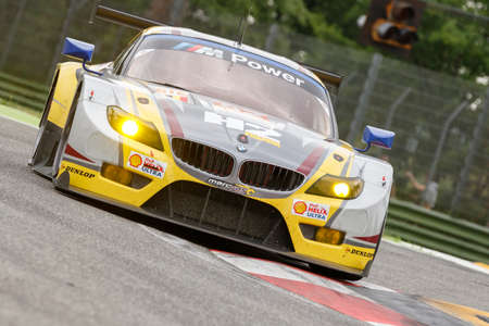 Imola, Italy May 16, 2015: BMW Z4 of BMW Team MarcVDS Team, driven by Andy Priaulx - Henry Hassid - Jesse Krohn in action During The European Le Mans Series - 4 Hours of Imola Autodromo Dino Ferrari Enzo on May 16, 2015 Imola, Italy.のeditorial素材