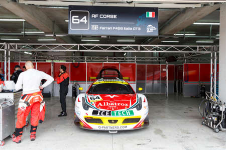 Imola, Italy May 16, 2015: Ferrari F458 GT3 of Italian AF Corse team, driven by Mads Rasmussen - Felipe Barreiros - Francisco Guedes, in action During The European Le Mans Series - 4 Hours of Imola Autodromo Dino Ferrari Enzo on May 16, 2015 in Imola, Itaのeditorial素材
