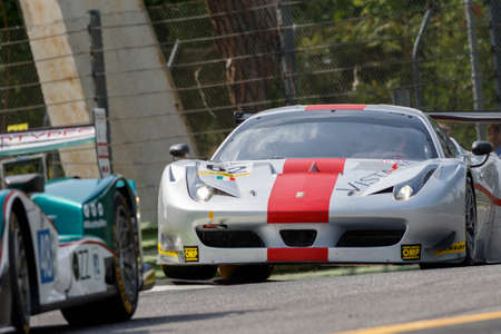 Imola, Italy May 16, 2015: Ferrari F458 GT3 of Italian AF Corse team, driven by Thomas Flohr - Francesco Castellacci - Stuart Hall in action During The European Le Mans Series - 4 Hours of Imola Autodromo Dino Ferrari Enzo on May 16, 2015 in Imola, Italy.のeditorial素材