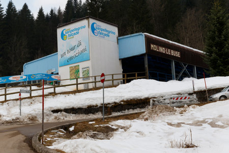Falcade, Belluno, Italy - March 21, 2015: 4-seater chairlift Molino - Le Buse now removed in the Dolomite Alps ski area San Pellegrinoのeditorial素材