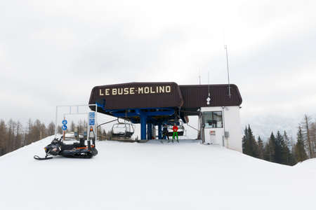 Falcade, Belluno, Italy - March 21, 2015: 4-seater chairlift Molino - Le Buse now removed in the Dolomite Alps ski area San Pellegrinoのeditorial素材