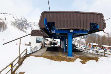 Falcade, Belluno, Italy - March 21, 2015: 4-seater chairlift Molino - Le Buse now removed in the Dolomite Alps ski area San Pellegrinoのeditorial素材