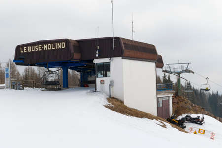 Falcade, Belluno, Italy - March 21, 2015: 4-seater chairlift Molino - Le Buse now removed in the Dolomite Alps ski area San Pellegrinoのeditorial素材